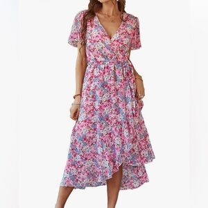 Boho Dress Wrap V Neck Short Sleeve Belted Ruffle Hem A-Line Flowy Maxi Dresses
